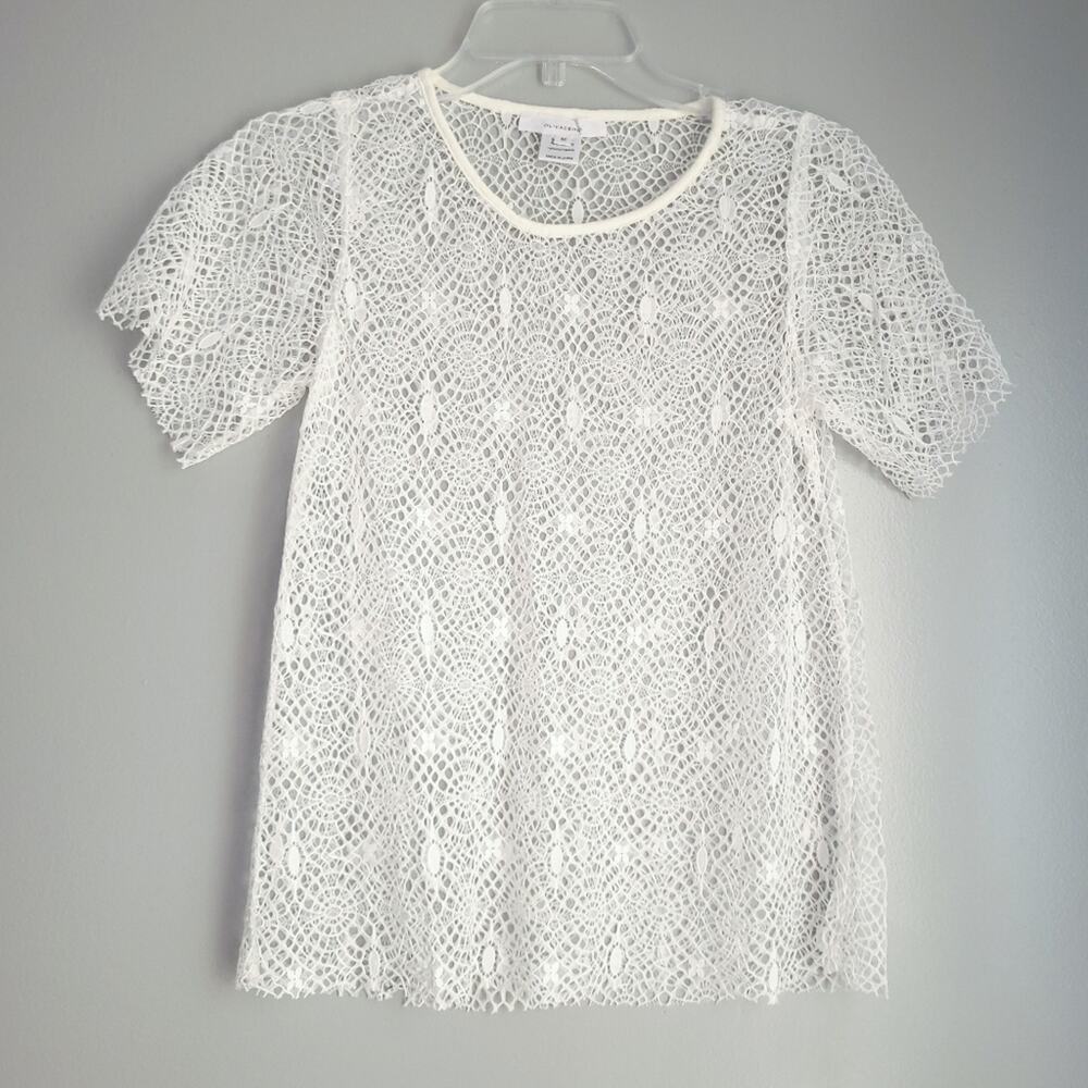 Olivaceous Sheer Short Sleeve Top White Medium Floral Crochet Lace, Raw Hem